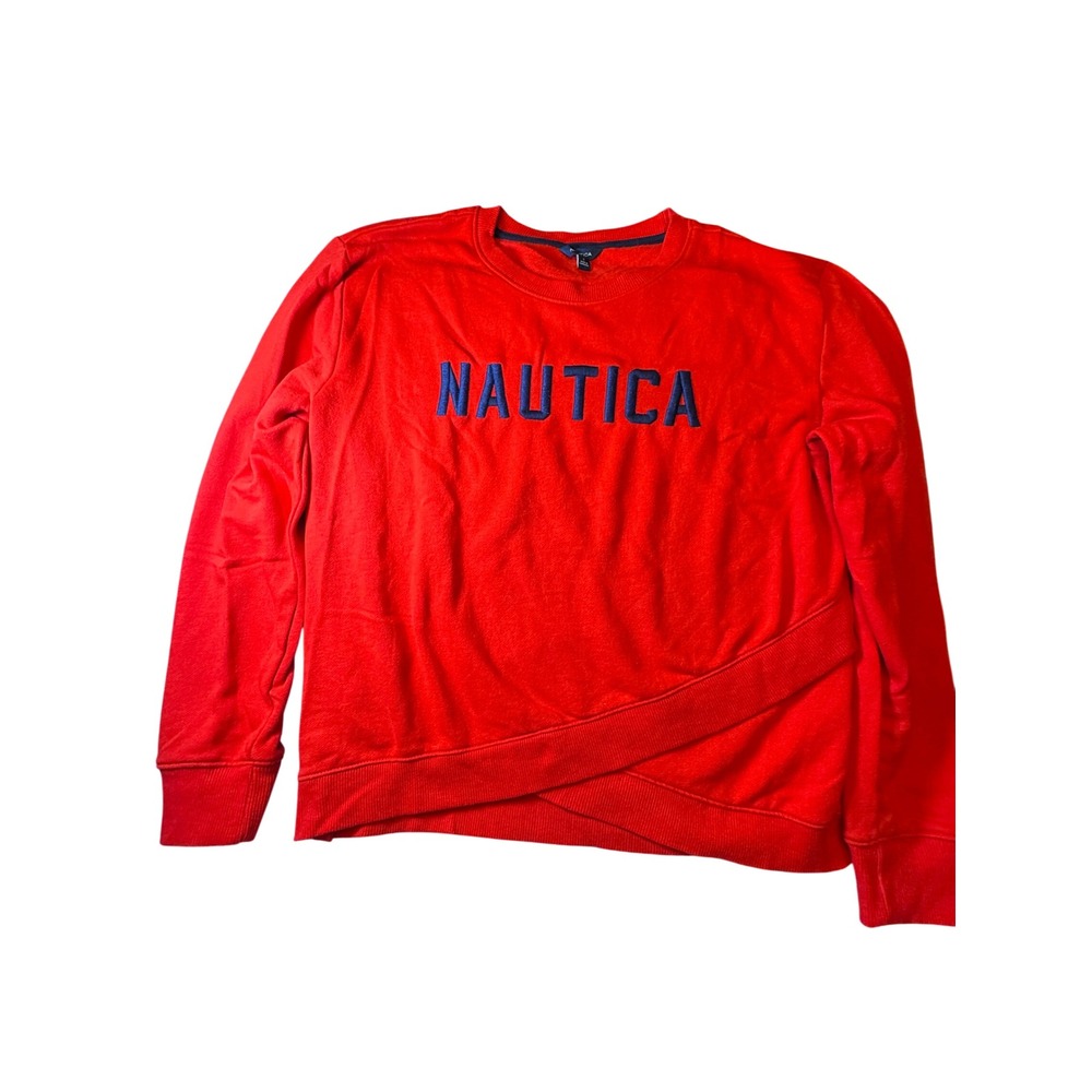 Nautica Womens Red Embroidered Logo Crossover Hem Sweatshirt Size L